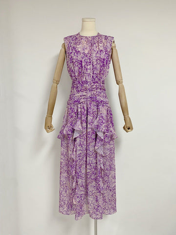 Autumn New Chiffon Printing Round Neckless Waist Design Lotus Leaf Side Long Dress